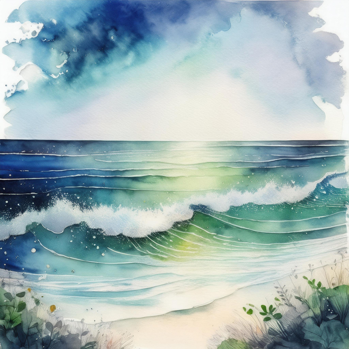 Illustration aquarelle moderne représentant une mer apaisante avec des vagues douces et un ciel nuancé de bleu. L’image évoque la sérénité, la respiration et la connexion avec la nature, en harmonie avec l’esprit de la pause des 5 sens issue de la méthode MBSR. Une invitation à ralentir et à s’ancrer dans l’instant présent.