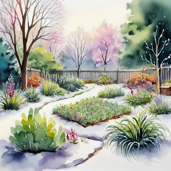 Illustration aquarelle moderne représentant un jardin en février, partiellement recouvert de neige, avec des massifs fleuris et des arbres en dormance. Les premières pousses printanières émergent, annonçant le réveil de la nature. L’image évoque l’entretien du jardin en hiver, les semis précoces et la préservation de la biodiversité en fin de saison froide.