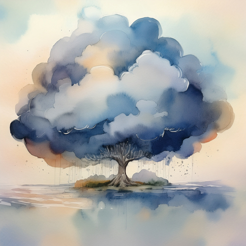 Illustration poétique d'un arbre dont le feuillage est composé de nuages, symbolisant le flux des pensées et l'introspection.