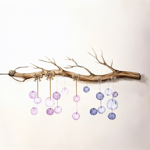 Illustration d’une branche suspendue ornée de fils et de perles aux teintes violettes et bleutées, évoquant une décoration bohème et minimaliste.